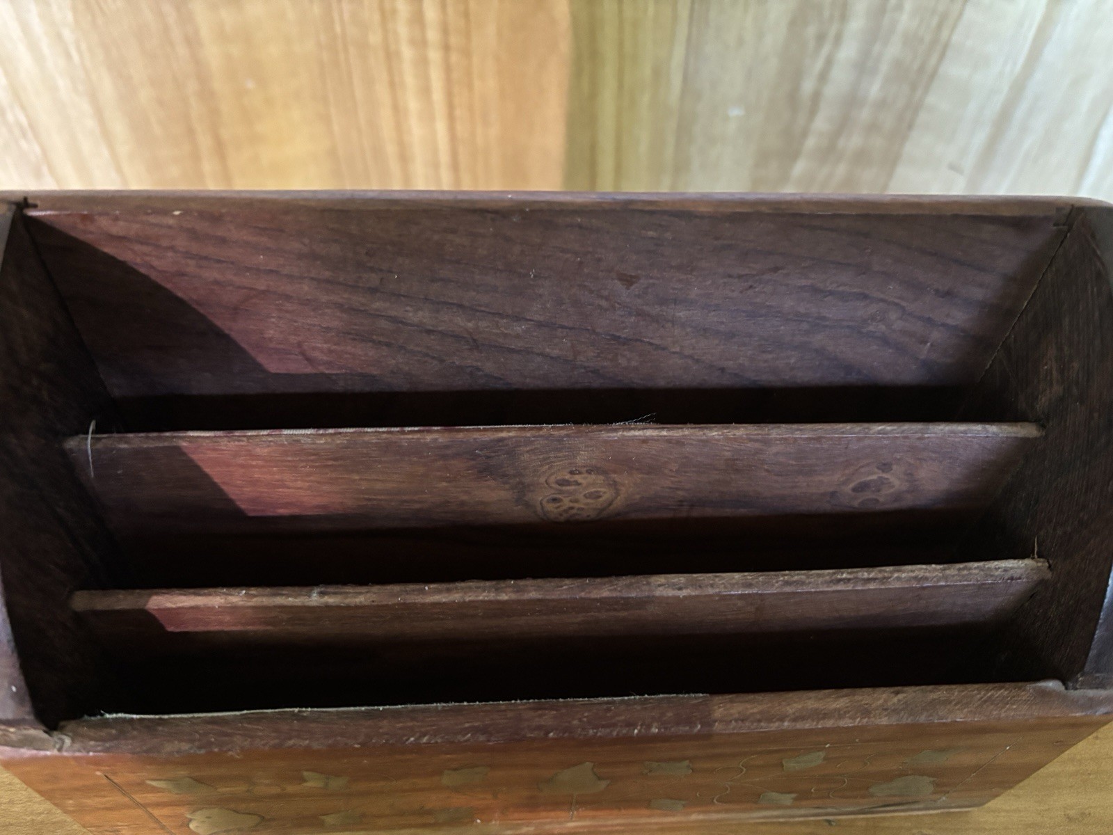 Vintage Handcrafted Rosewood Letter Holder Inlaid Brass Ivy Leaf Desk Organizer