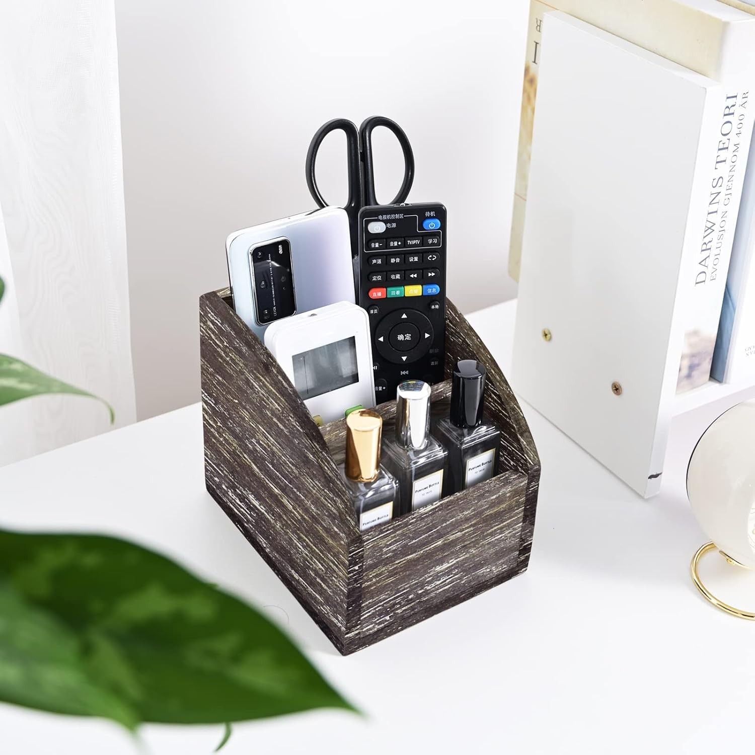 Rustic Vintage Wooden Desk Organizer Farmhouse Wood Remote Control Caddy 3 Slot
