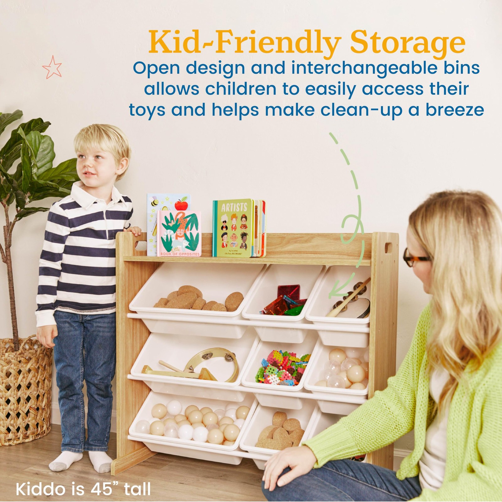 3-Tier Organizer with Shelf and 9 Bins, Toy Storage, Dark Natural/White