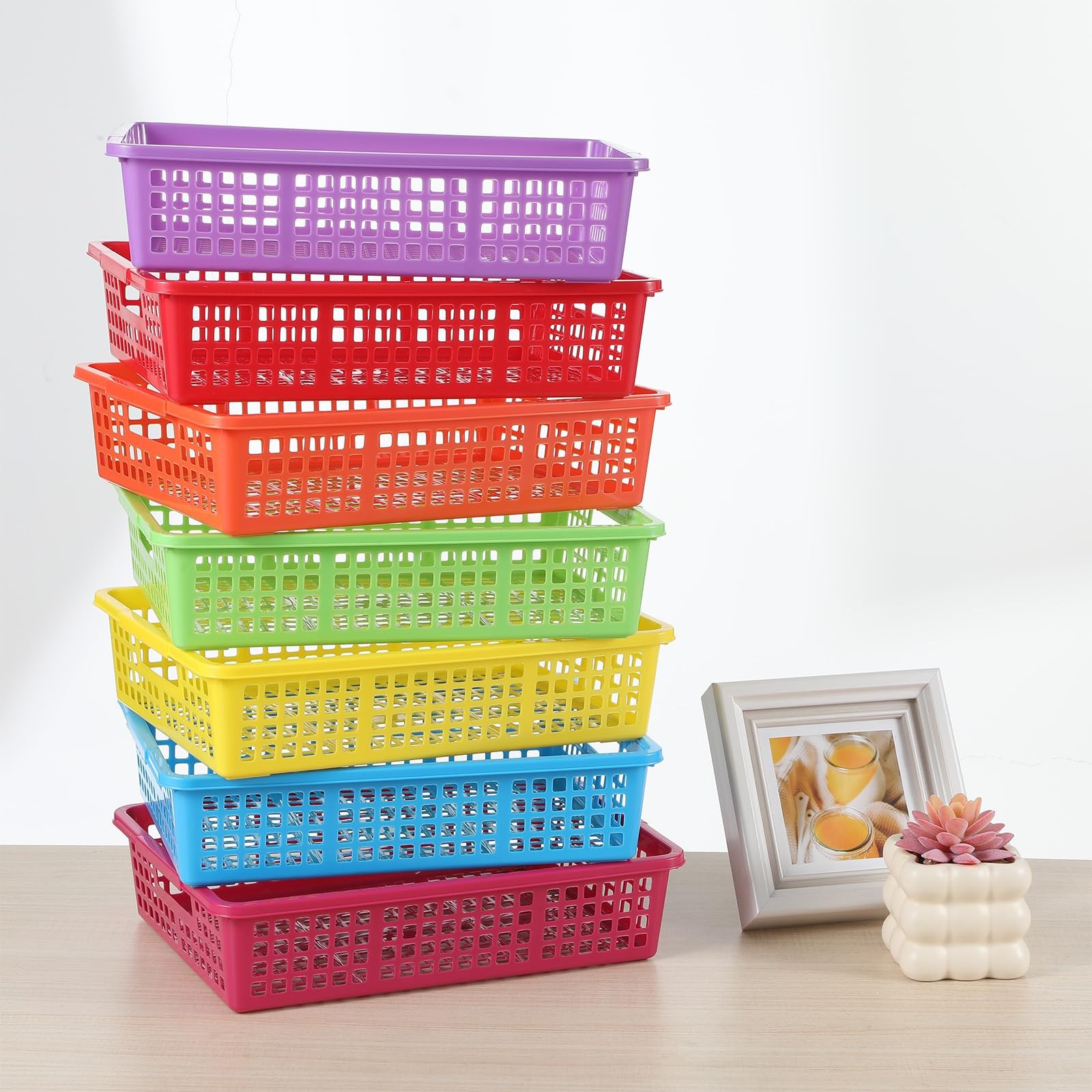 7 PCS Multicolor Plastic Turn In Paper Trays Handles 13.58x10x3.14 Inch Bins