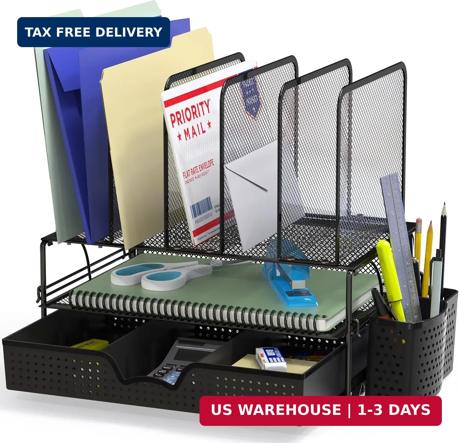Simple Houseware Mesh Desk Organizer with Sliding Drawer, Double Tray and 5 Upri