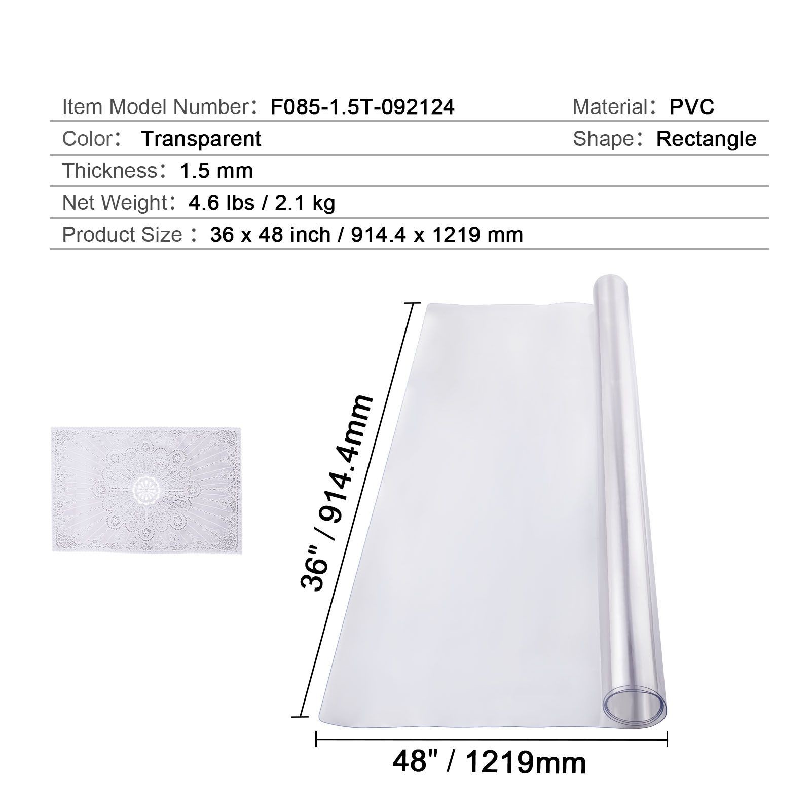 Plastic Table Cover, 36 x 48 Inch 1.5 mm Thick Clear Table Protector, Rectangle