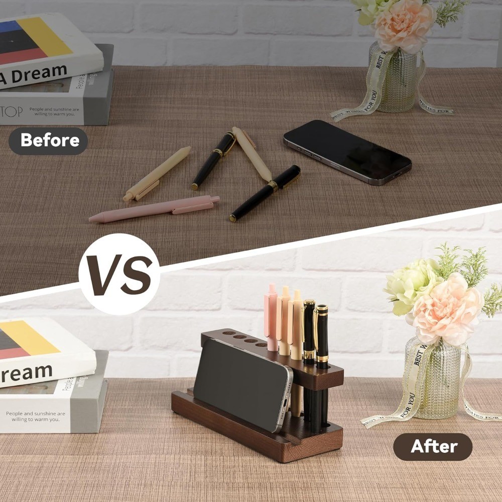 Wooden Pen Holder for Desk, Wood Pencil Holder Fountain Pens Display Stand with