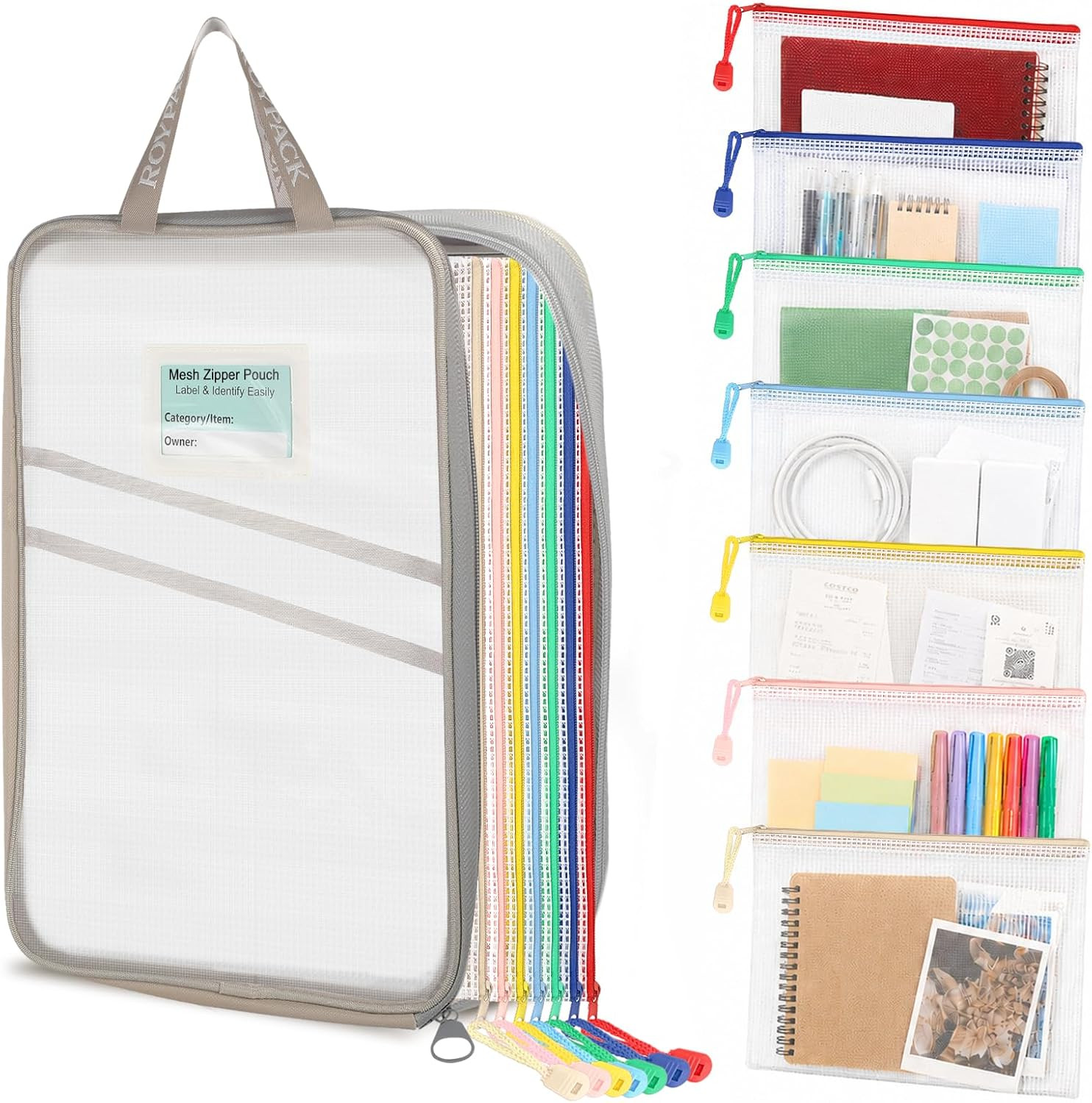 7 Pack PVC Mesh Zipper Pouch Set with 1 Organizer Bag A4/Letter Size Translucent