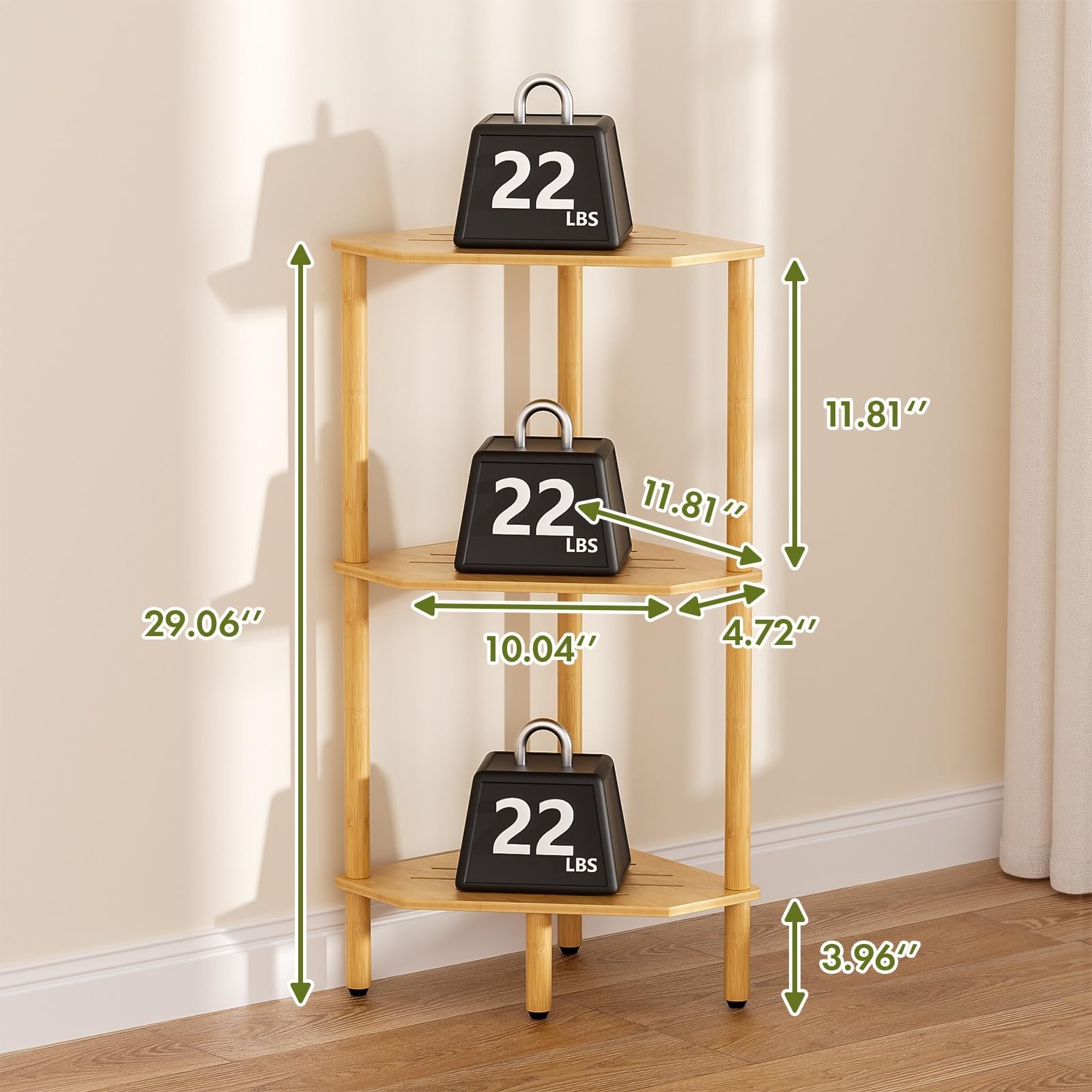 3 Tier Bamboo Corner Shelf, Storage Stand with Adjustable Feet, Small Space C…