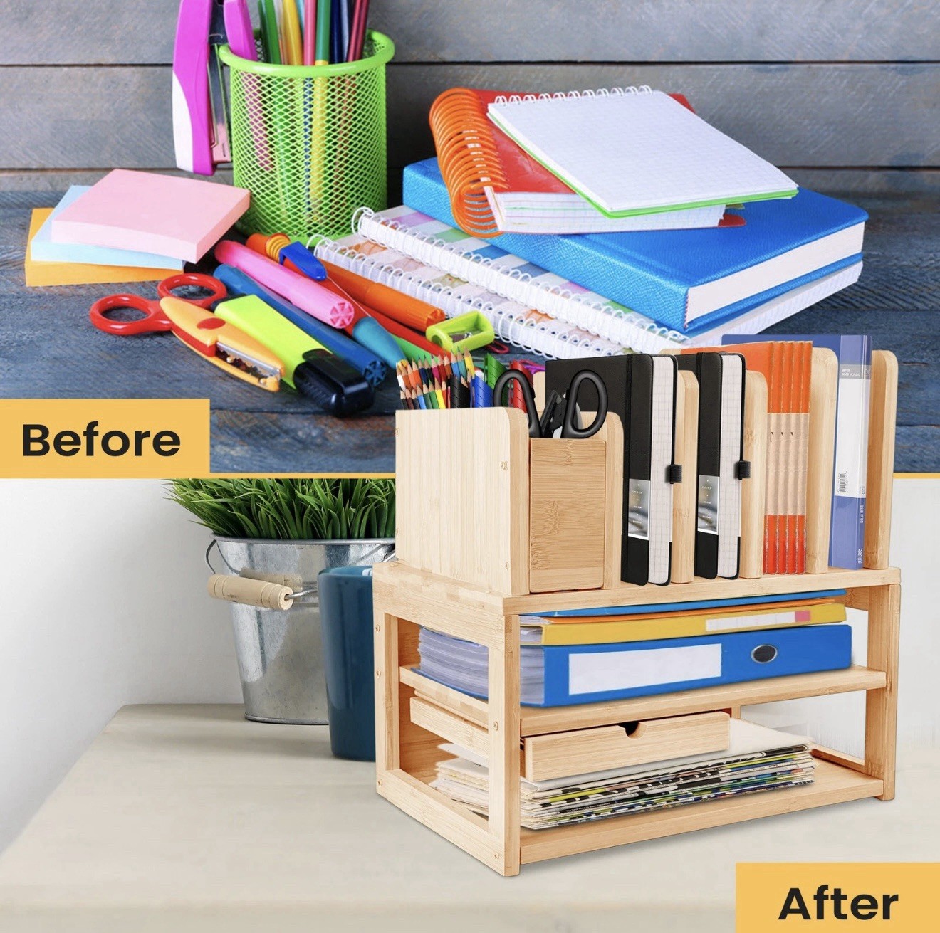 Bamboo Desk Organizer w/ Drawer & Document Holder – Wooden Desktop Storage