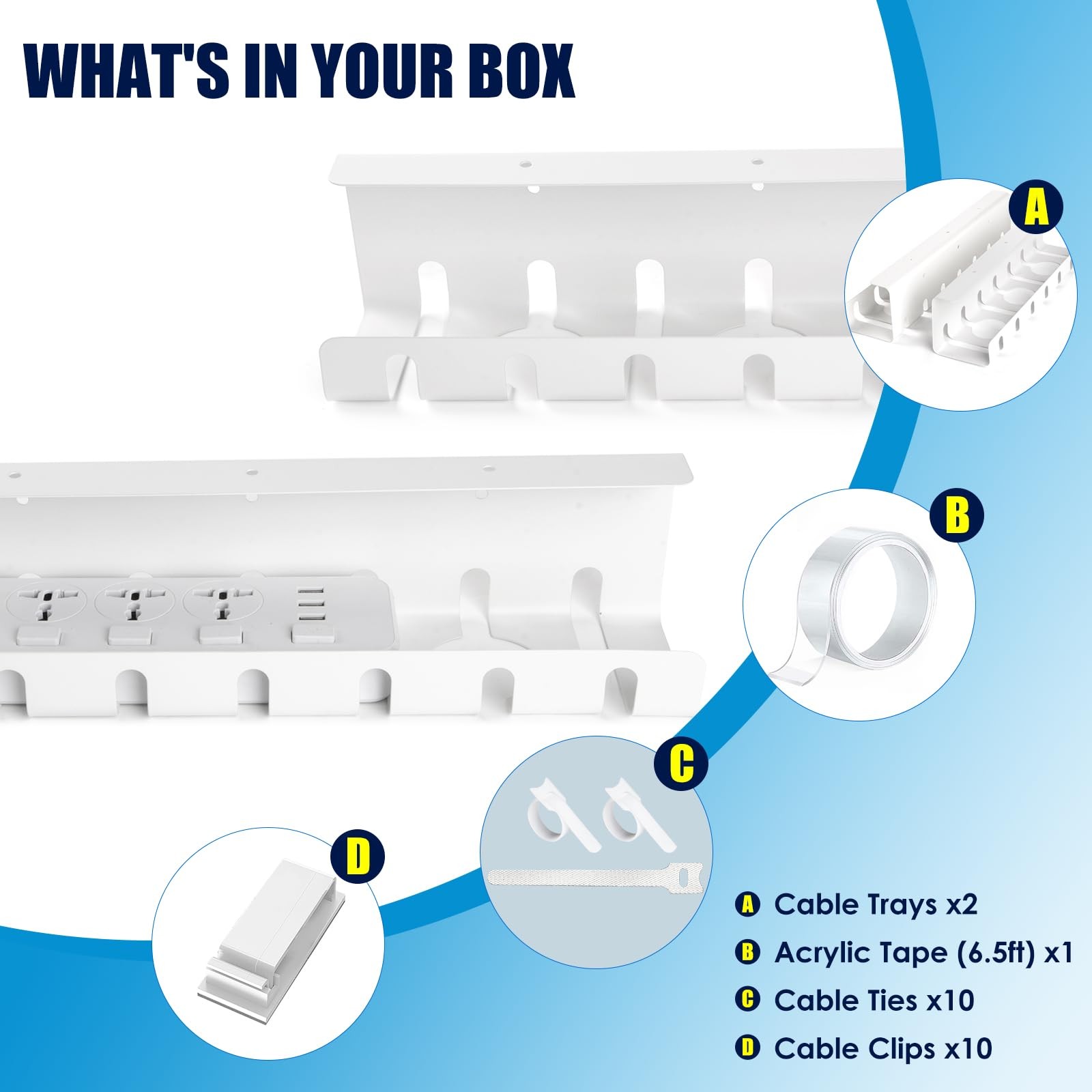 Under Desk Cable Management, 2 Pack 17″ Tray L x 4″ W x H, White