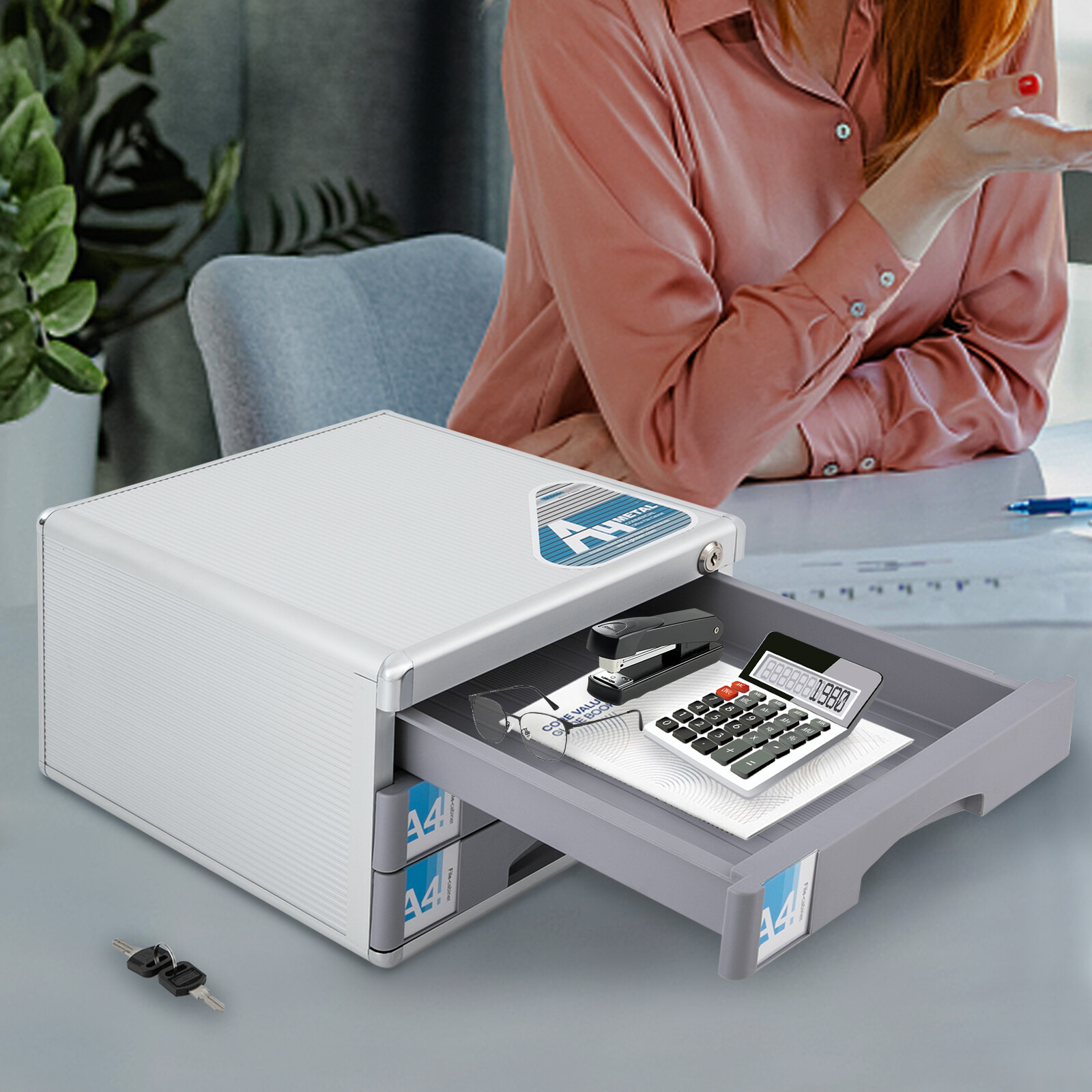 File Box Storage Filing Desk Organizer Locking File Cabinet 3 Drawers for Office