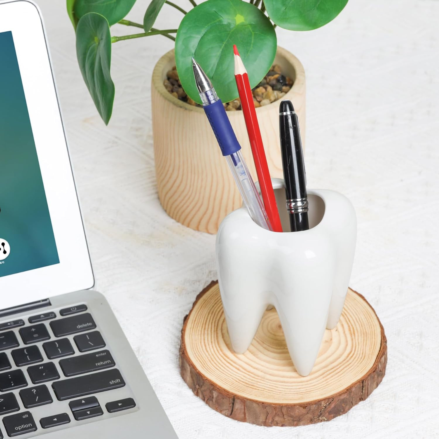 Ceramic Pen Holder, Tooth Shaped Pen Holder for Desk, Cute Pencil Pot White Acce