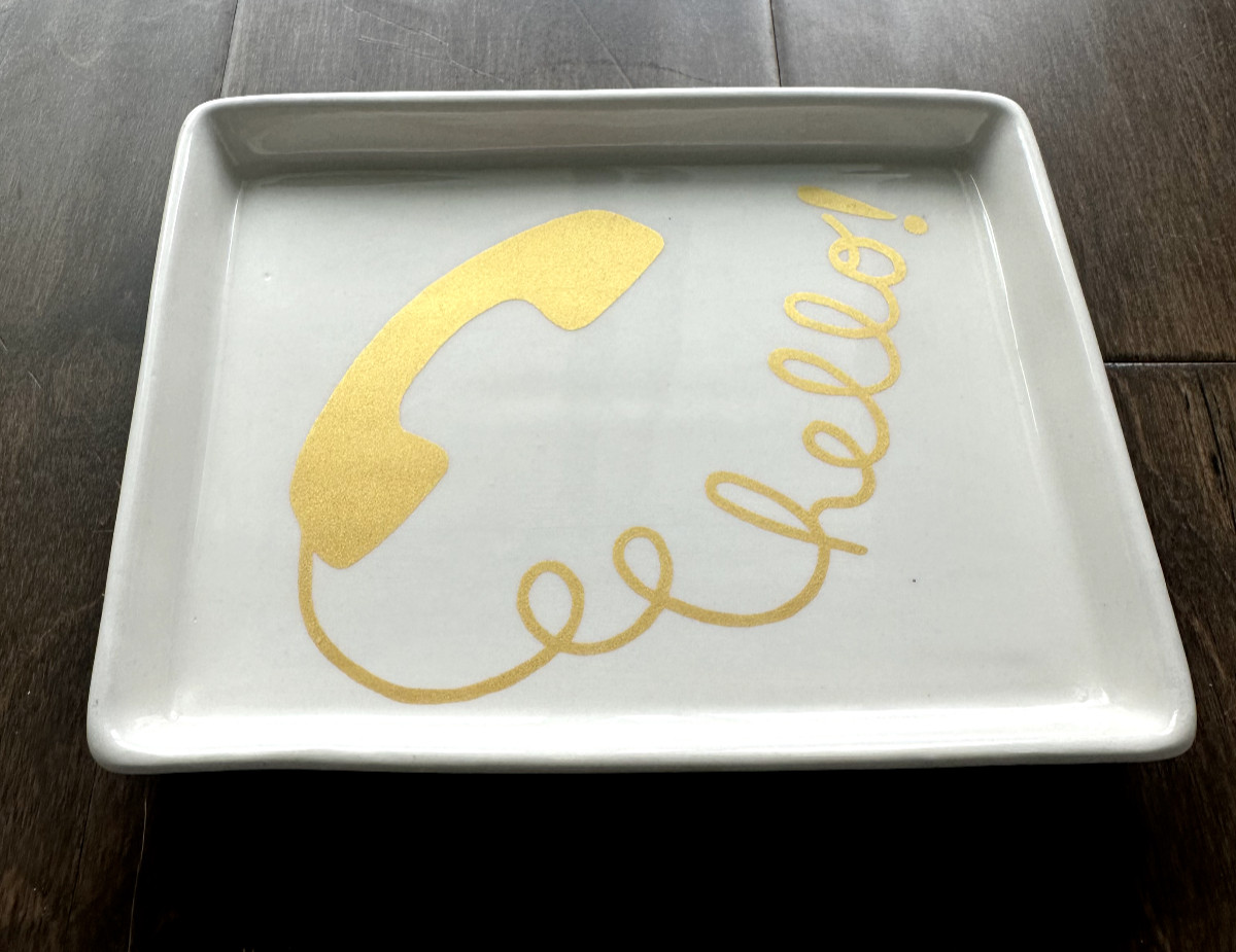 Hello Decorative Dish Gold Telephone and Cord Small Rectangle by Magenta