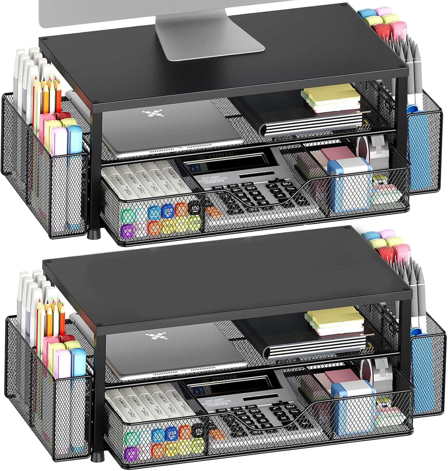 Functional Black 2-Pack Desk Organizer with Ergonomic Monitor Riser & Drawer