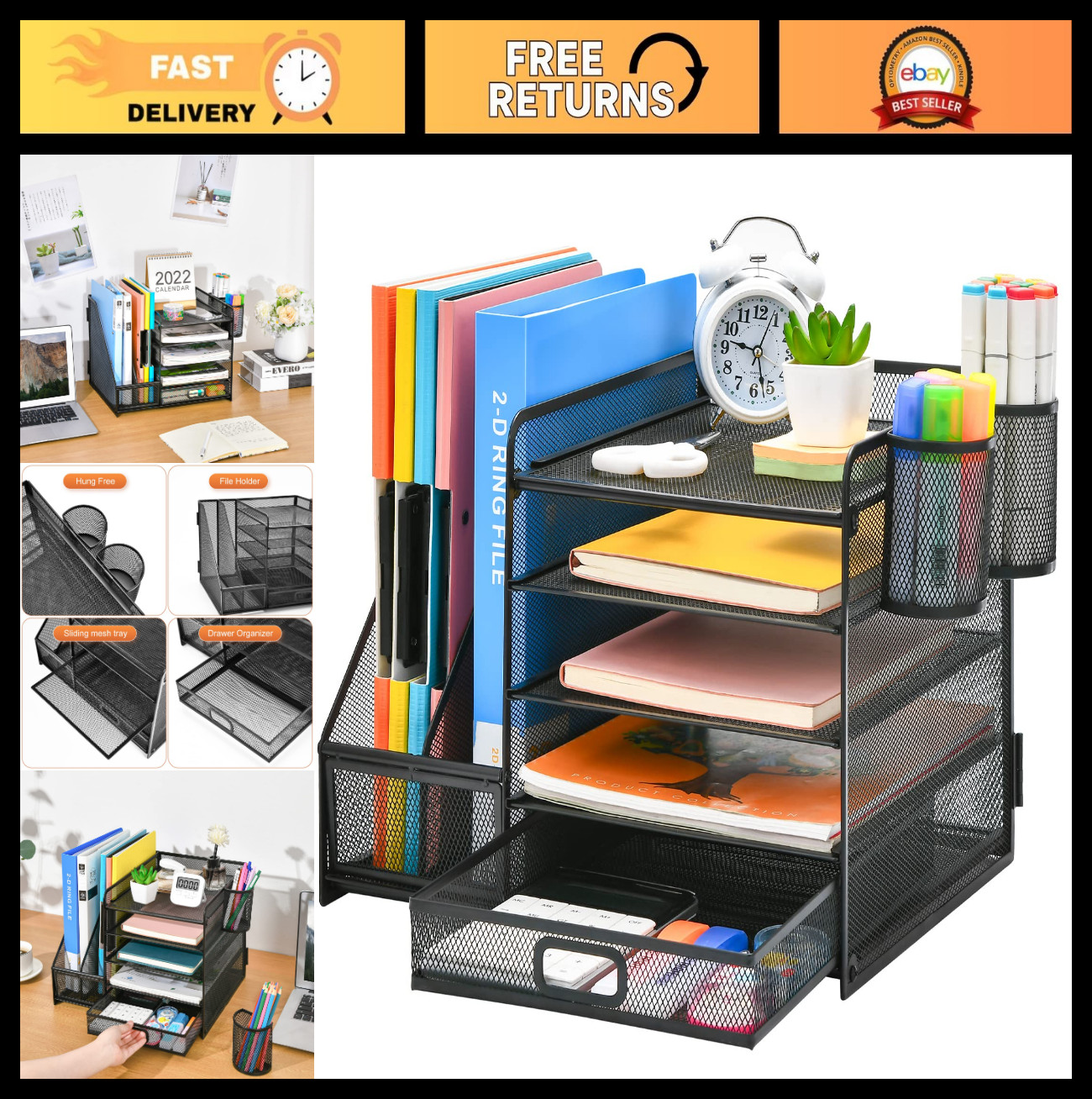 5-Tier Desk Organizer with File Holder, Drawer & 2 Pen Holders – Mesh Storage fo