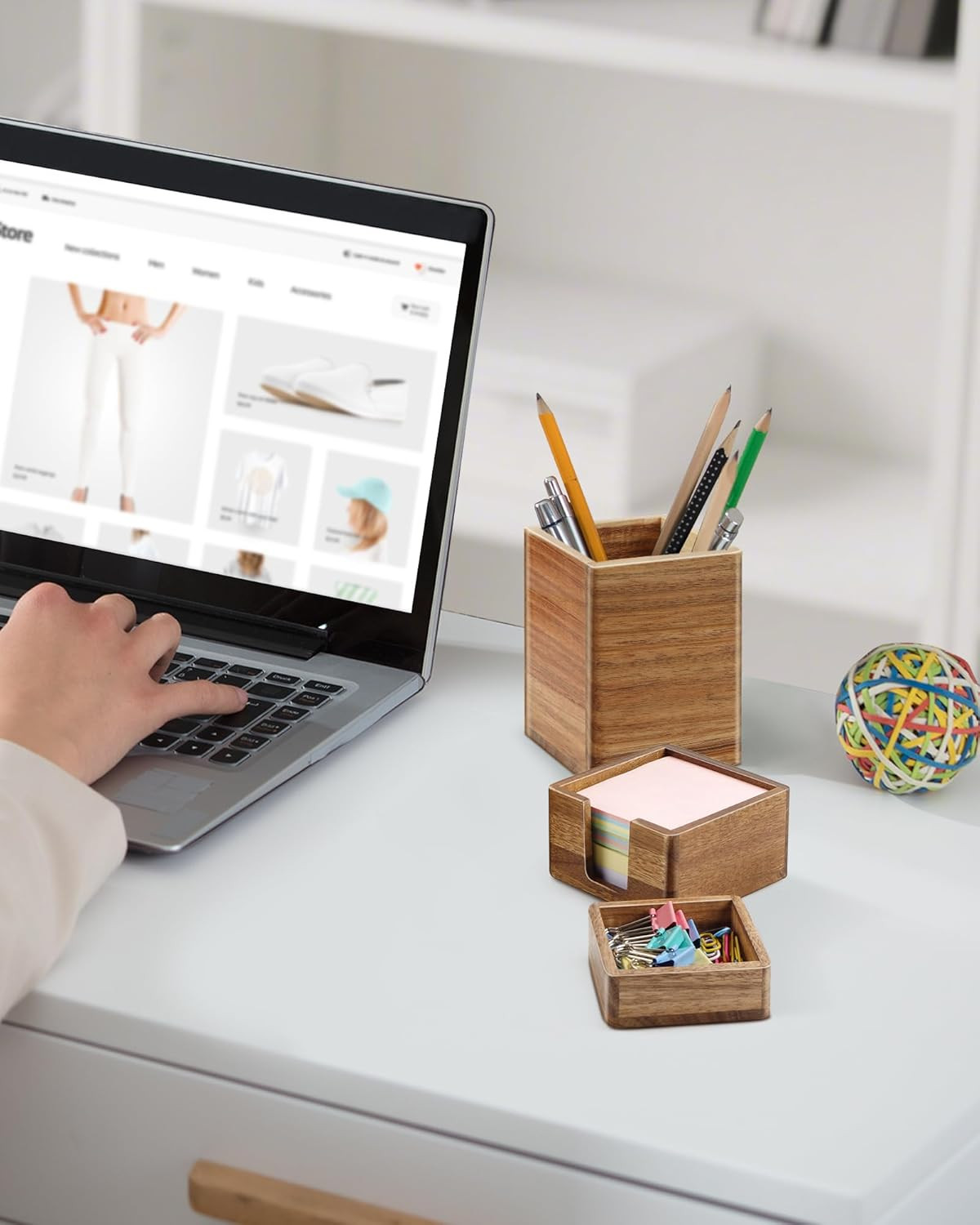 Acacia Wood Desk Organizer Set with Sticky Note Holder, Pencil Pen Cup & Paper C