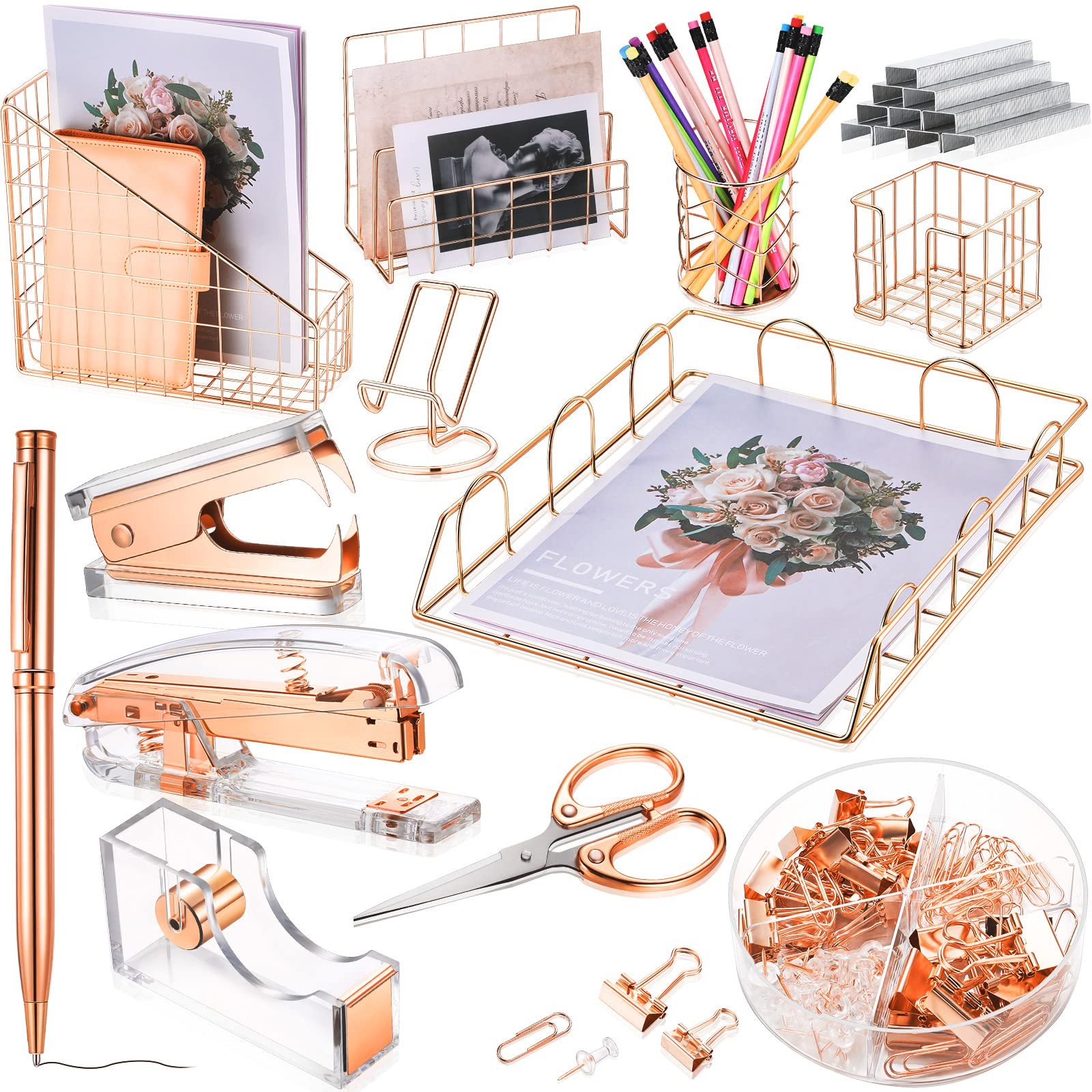 13 PCS Desk Accessories Set Organizer Office Supplies Rose Gold Acrylic Kit