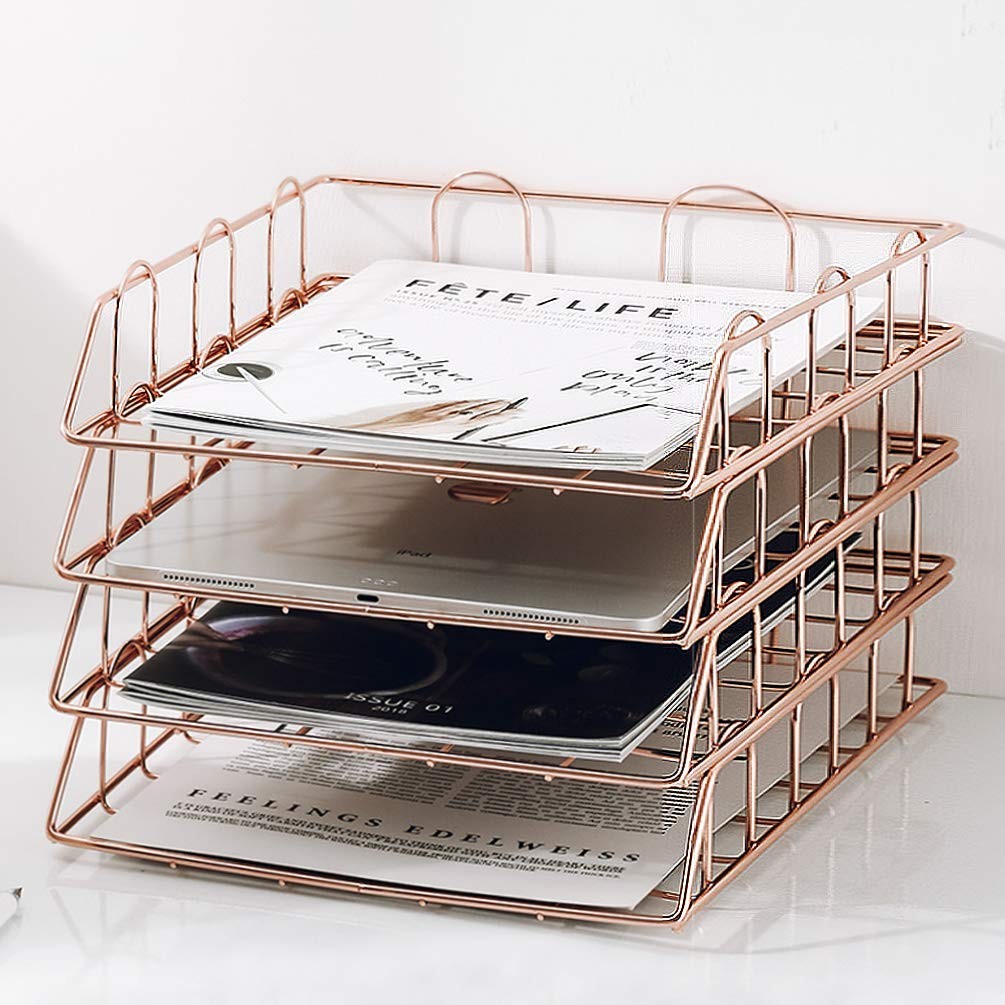 Rose Gold 4-Tier Stackable Tray Desk Organizer, Workspace Decorative Stacking…
