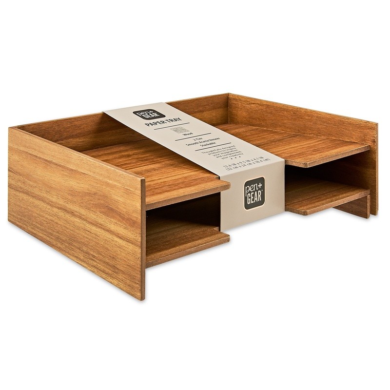 Wooden Paper Tray Stackable Organizer 2 Tier Acacia Desktop File Holder New