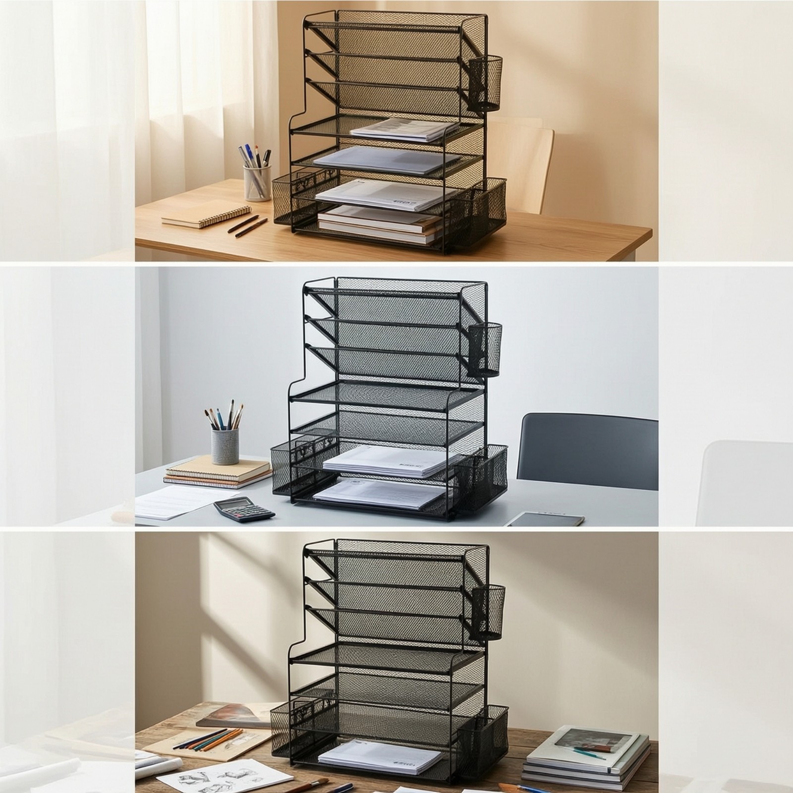 Document Rack with Side Baskets Slanted Mesh Desk Organizer Stepped for