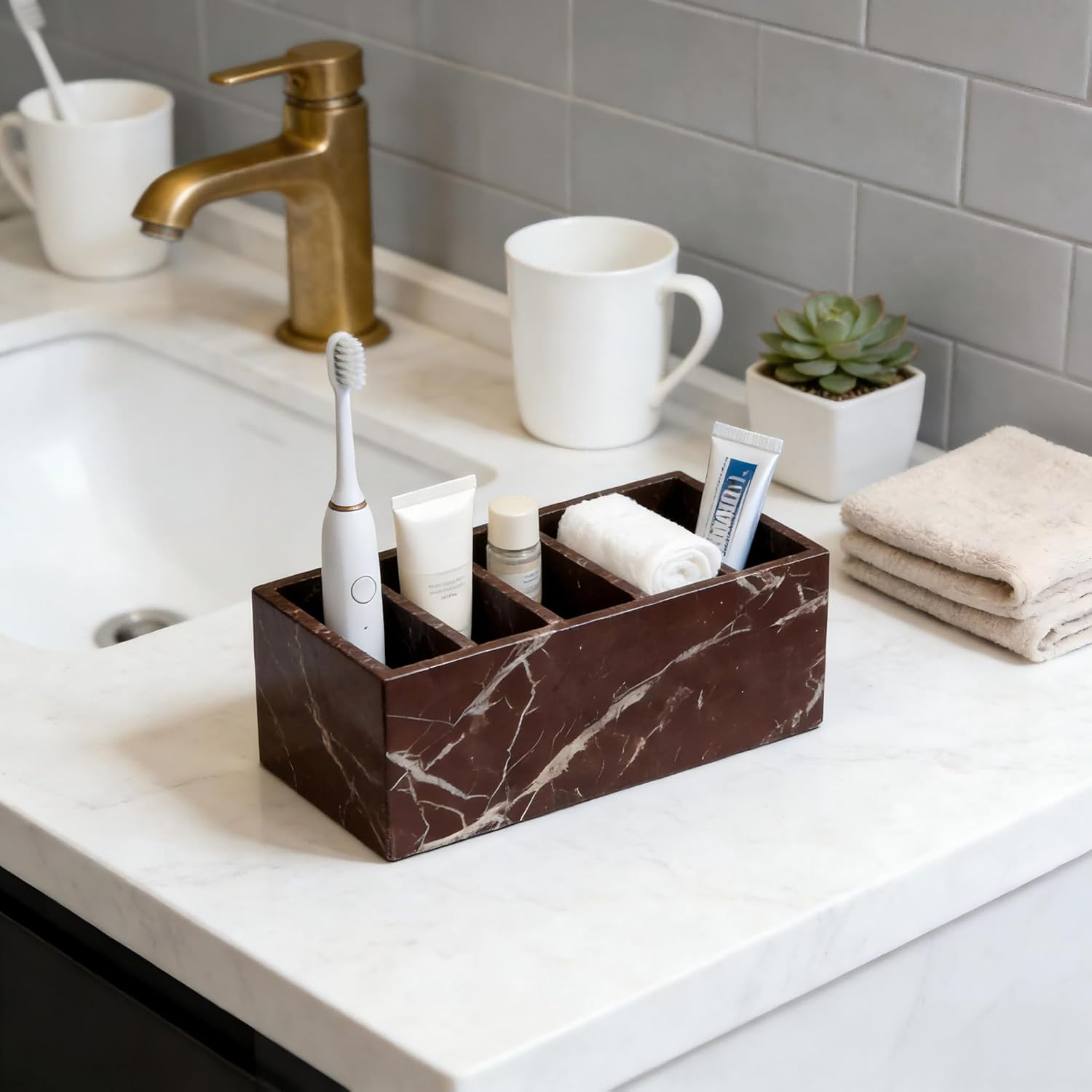 Elegant Marble Desk Organizer & Pen Holder – Purple-Red with White Veins