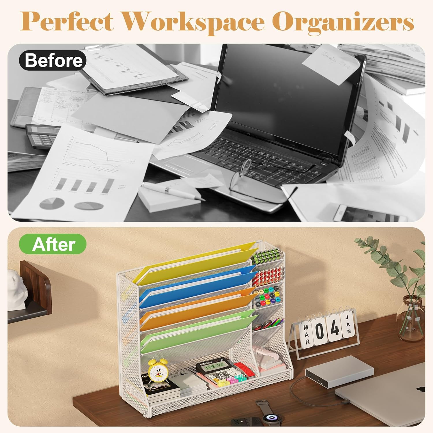 Adjustable 5 Tiers Wall File Organizer Metal Hanging Holder White | 5 Tiers Desk