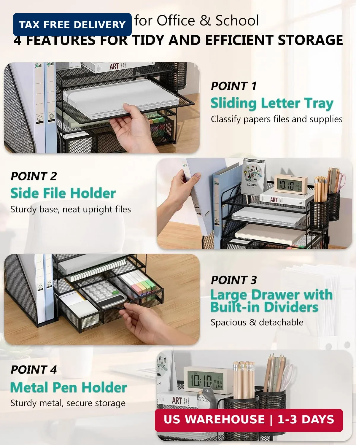 WALI Desk File Organizer, 4 Tier Desktop Paper Letter Tray Organizer with Drawer