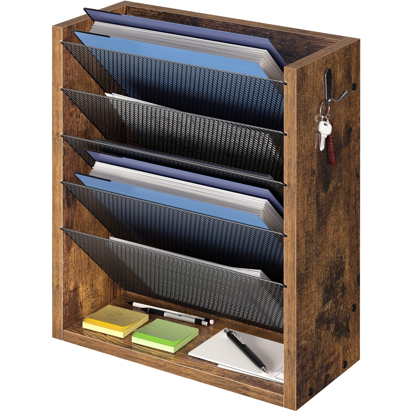 Mail Organizer Wall Mounted, Mail Sorter with 2 Key Hooks, 6-Slot File Organi…