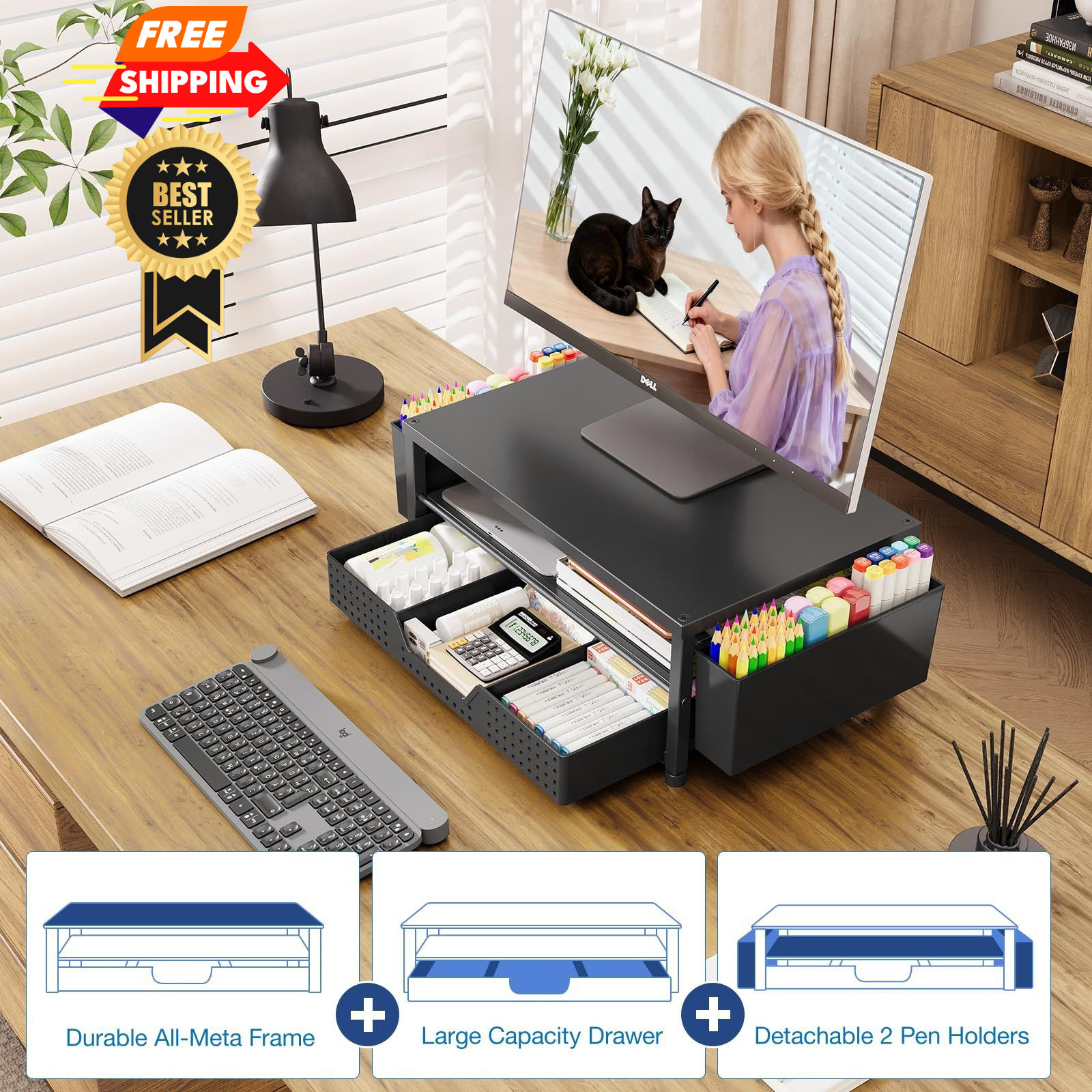 OPNICE Desk With Drawer and 2 Pen Holders, Black – Hot Seller 1-Pack