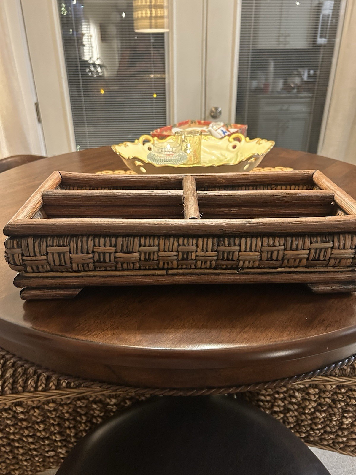 Vintage Wood & Woven Rattan Organizer Tray 4 Compartment Desk Caddy Rustic Boho