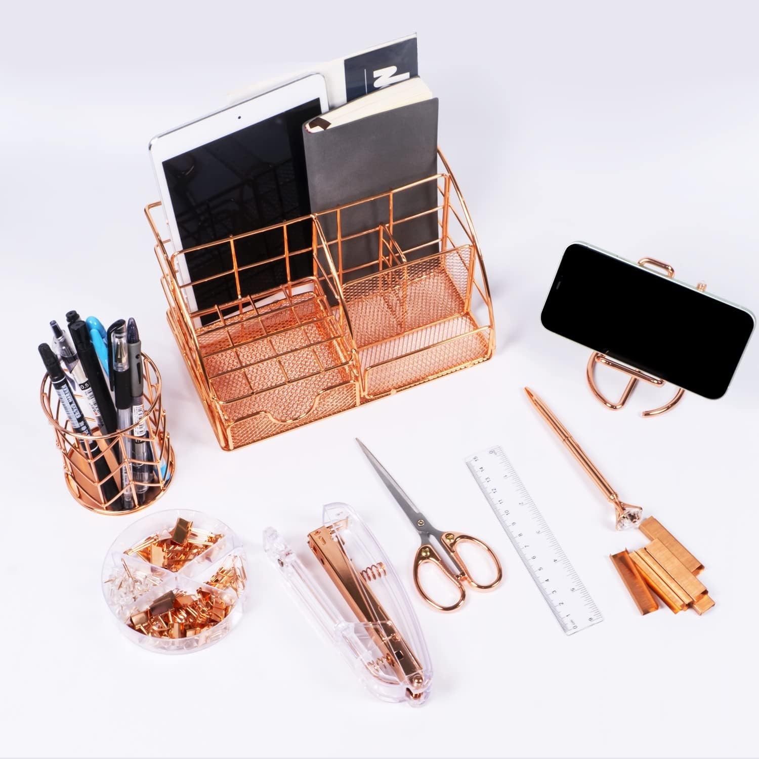 Elegant Rose Gold Desk Accessories Set: Includes Stapler, Clips & More