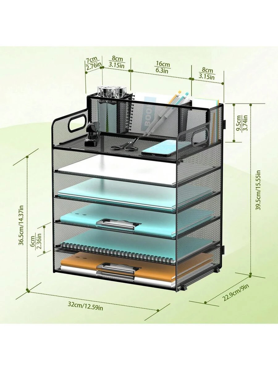 6 Tier Desk Organizer Mesh Paper File Handle 3 Pen Holders Letter Tray Office