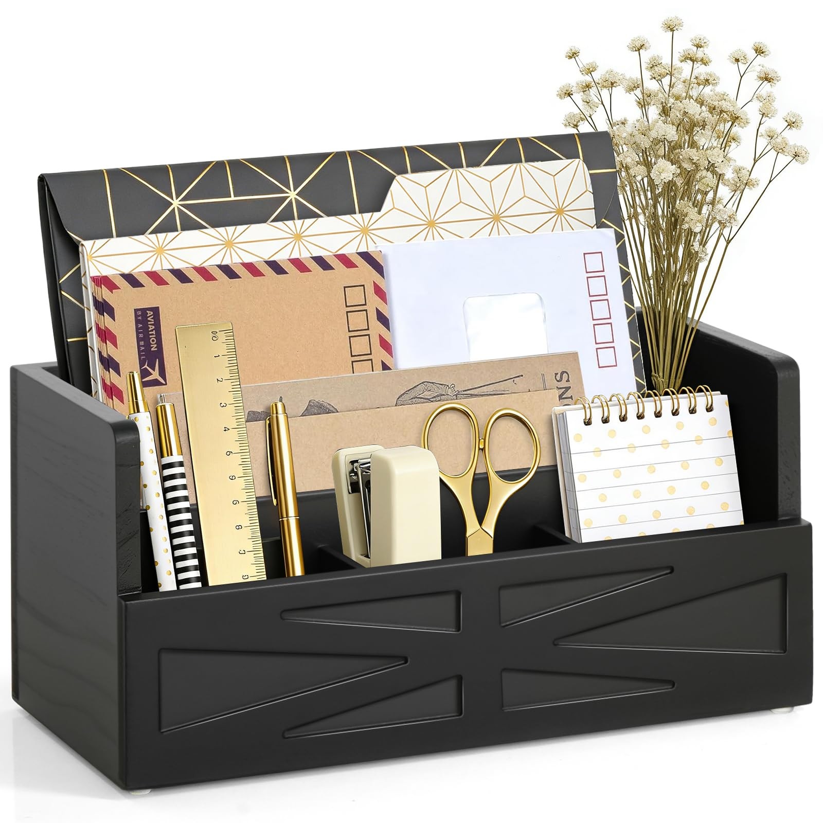Black Wood Mail Organizer Countertop Sorter For Desk Rustic Bill Storage