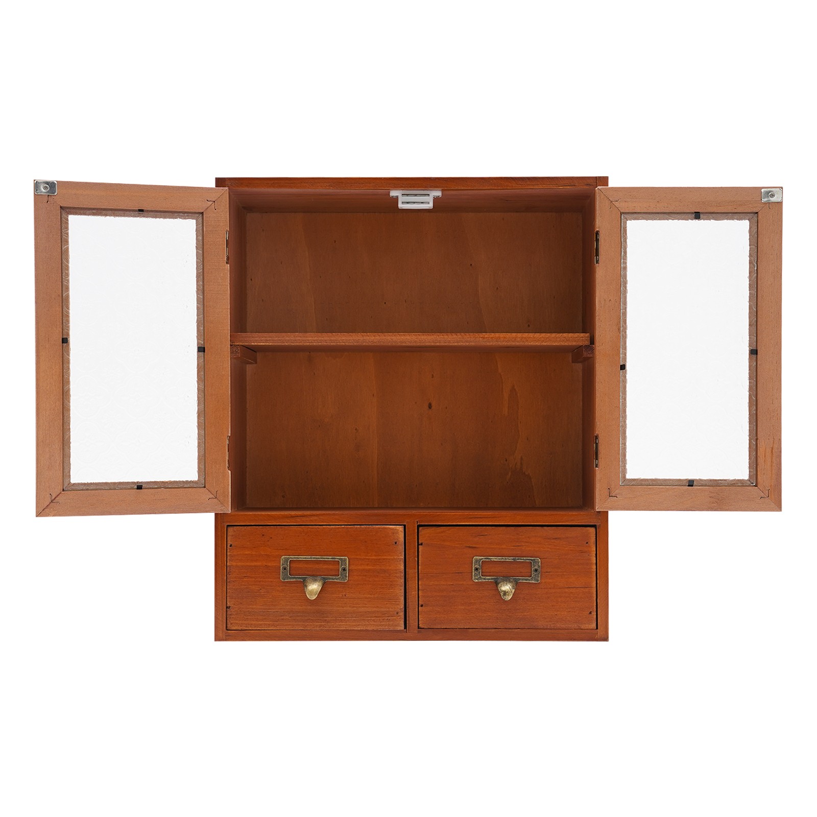 Vintage Tabletop Organizer with 2 Drawers & Glass Door Storage Cabinet Brown