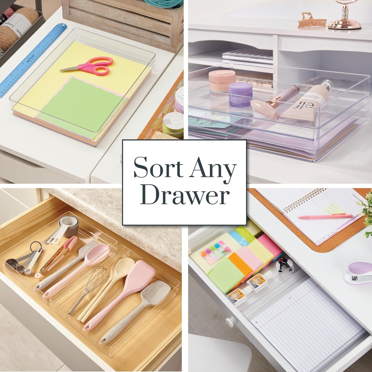 SimpleSort 2-Piece Stackable Clear Drawer Organizer Set 12″ x 9″ x 2″ Rectangle