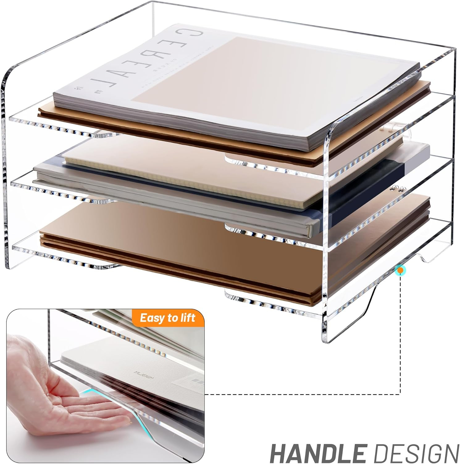 Clear 3-Tier Acrylic Letter Tray Organizer with Handle for Office Files