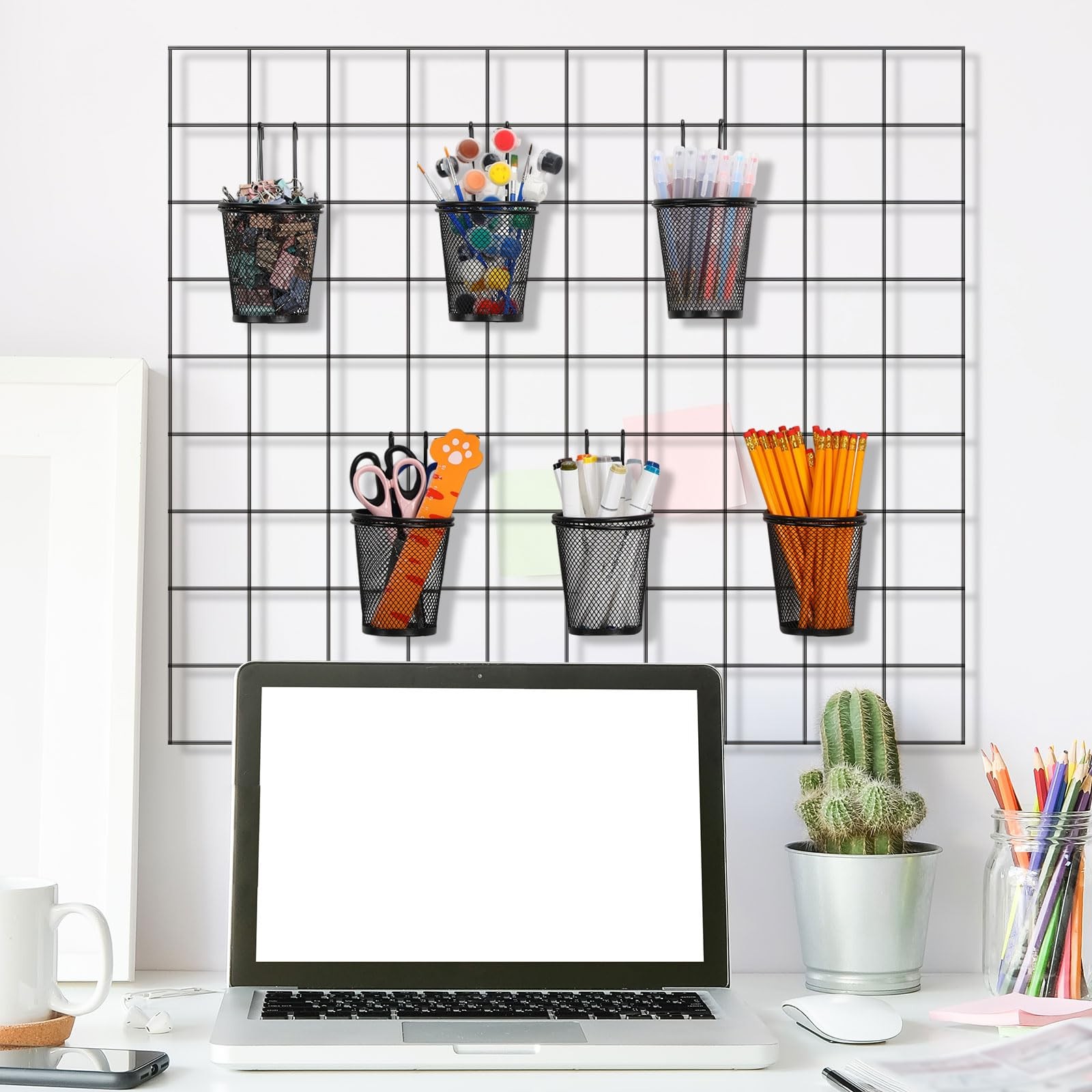 6 Sets Grid Wall Cups with Ring Hooks, hanging pencil holder Wall Mount Wire …