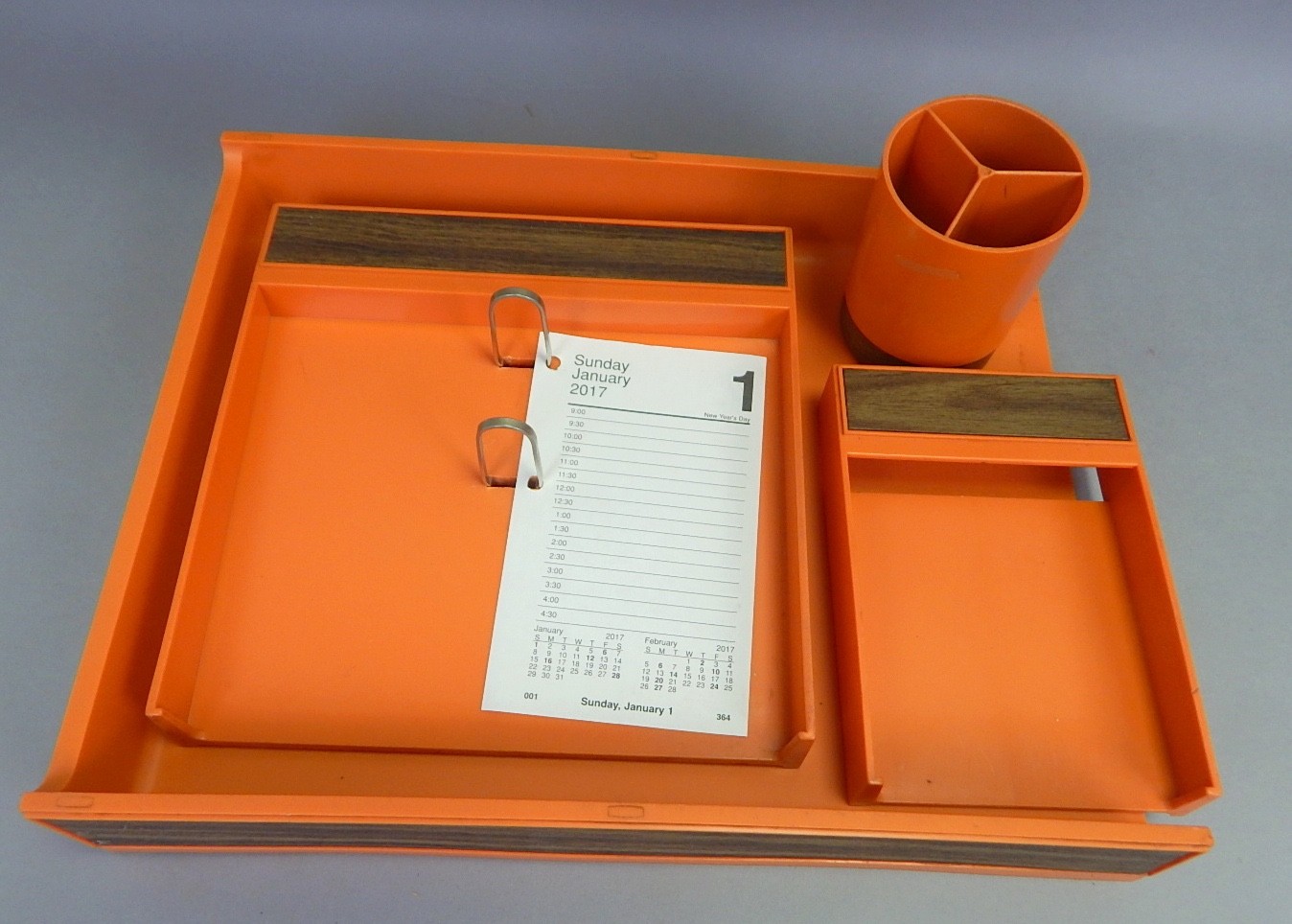 Vintage Orange Eldon Office Desk Organizer Tray Calendar Cup Holder Set MCM 70s