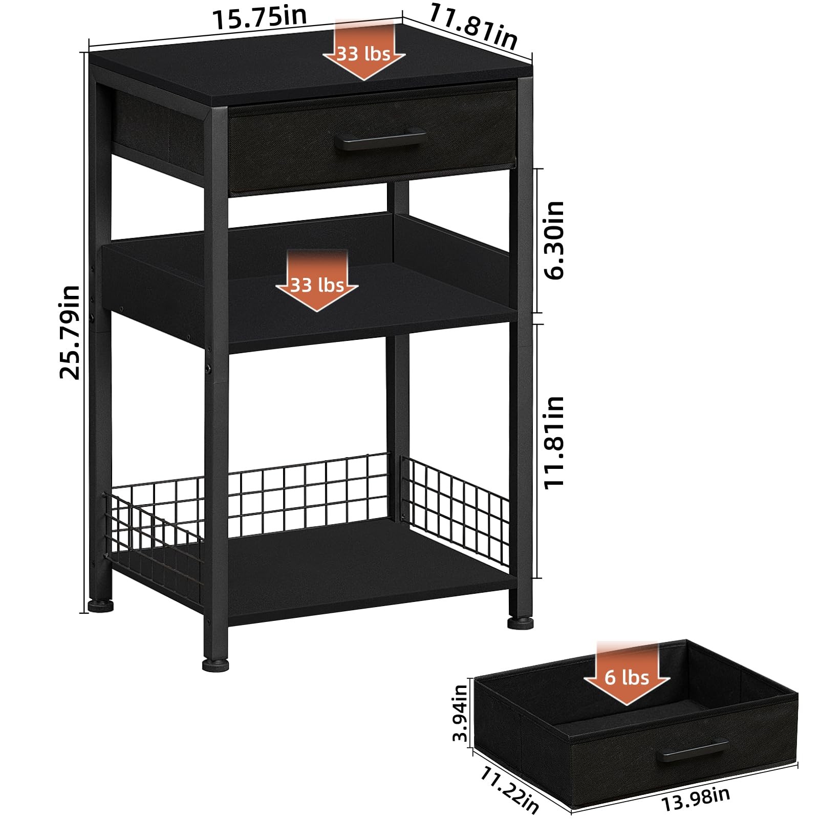 Lerliuo Pure Black Printer Table with Fabric Drawer,3 Tier 1 pack,