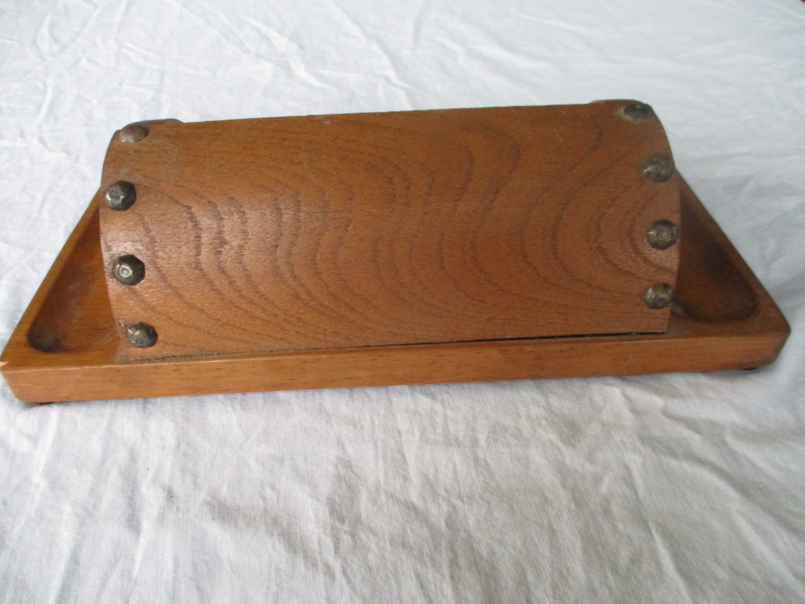 Vtg MCM! Solid Wood Roll-Top Desk Organizer Brass Nailhead Accents 12×6.5″