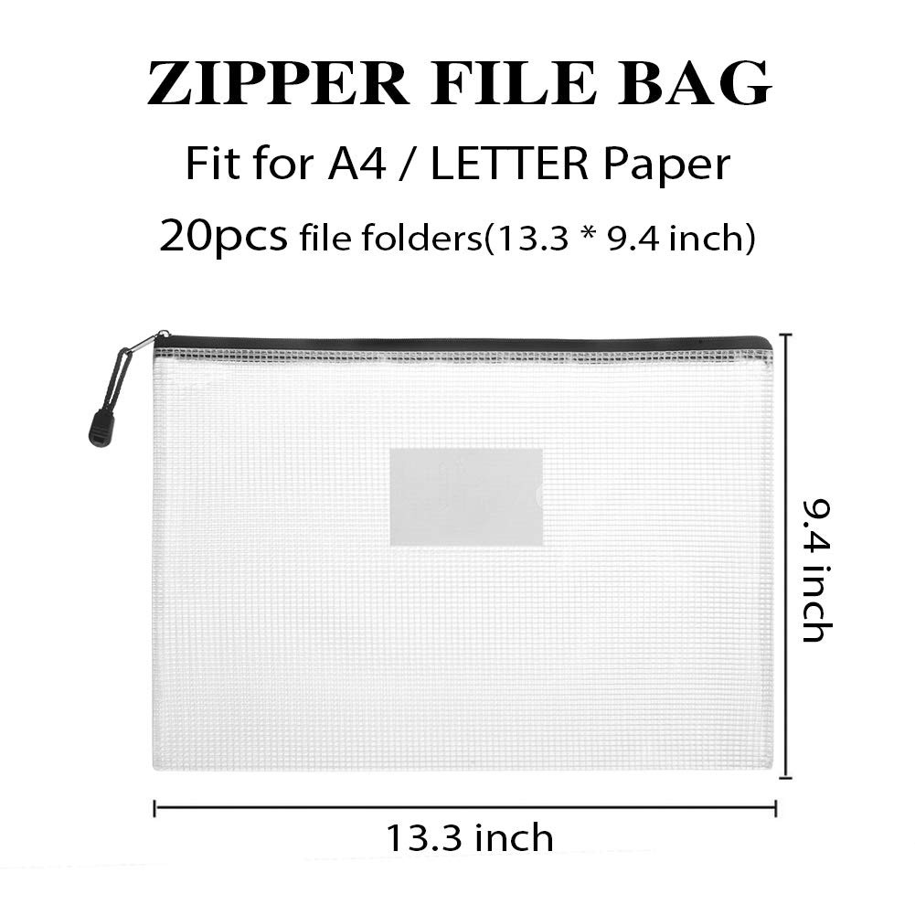 Mesh Zipper Pouch Bags A4 Waterproof Document Organizer Black 20 Pack