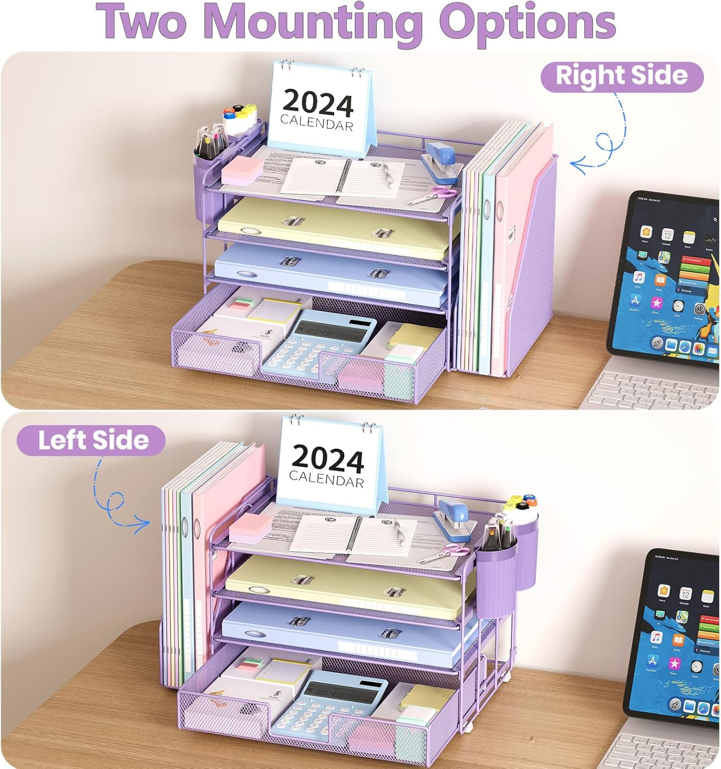 4 Tier Desk Organizer with Drawer and 2 Pen Holders Purple