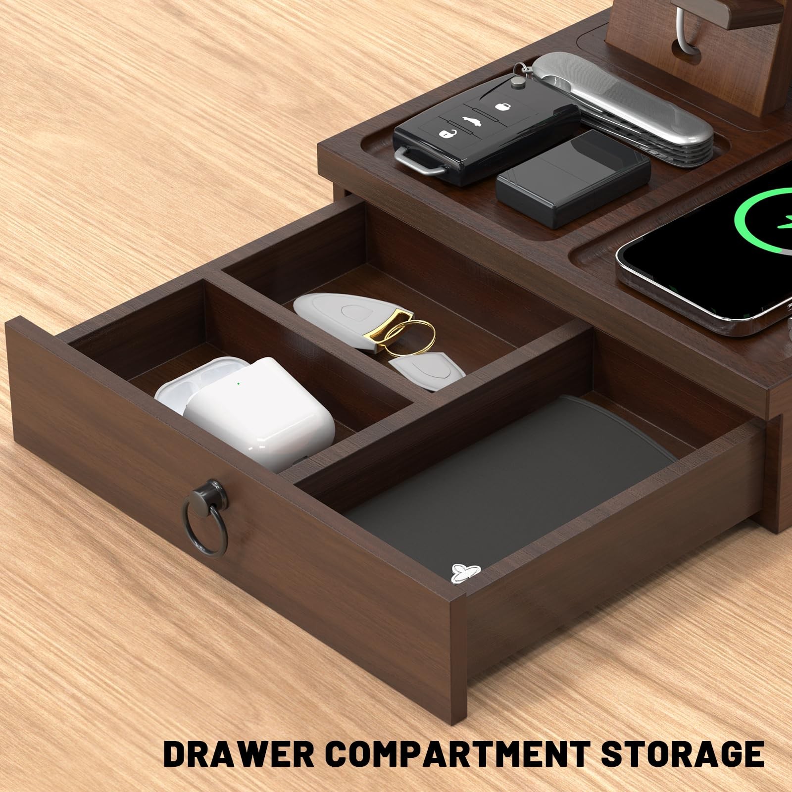 Wood Phone Docking Station with USB With charging station, Elegant Walnut