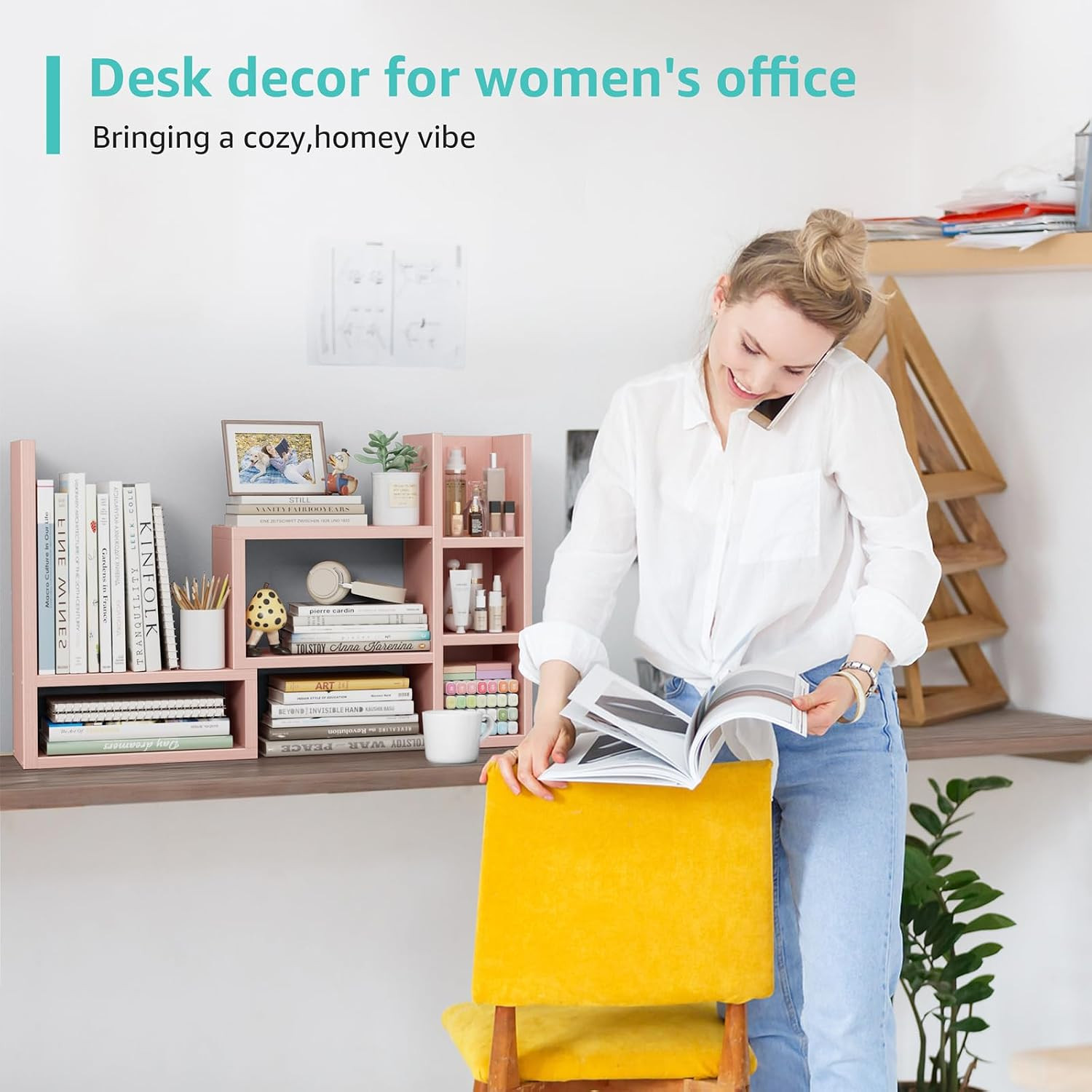 Desk Shelves Desktop Organizer Shlef – Pink Office Organization for Top of Desk