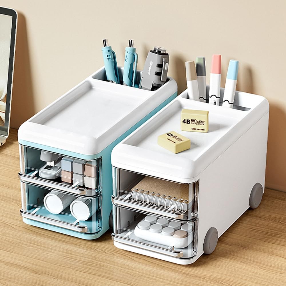 LETURE Cute Desk Organizer with drawers, Plastic Desktop Storage for Blue