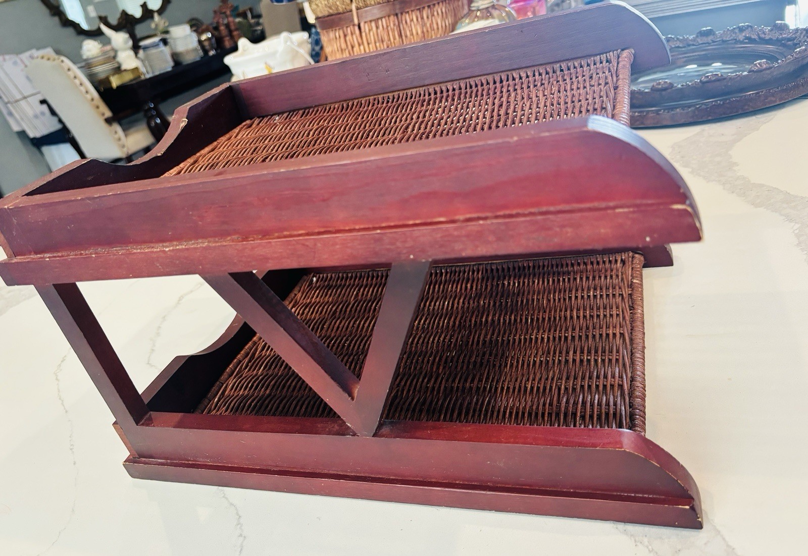 Vintage Wood Letter Tray Desk Organizer Woven Rattan 2 Tier Office Holder 15×11”