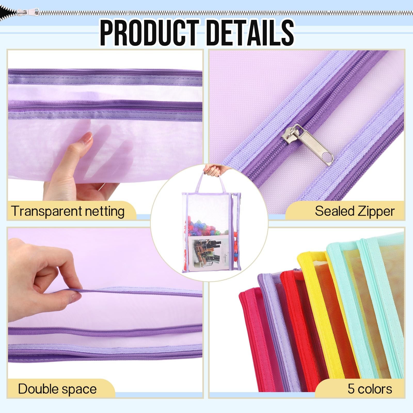 25 Pack Colored Mesh Zipper Pouch Bags Double Layer Nylon Puzzle Bags A4 Zipp…
