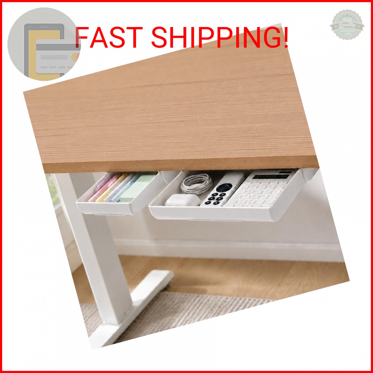 YOOUSOO 2 Pack Under Desk Storage Drawer Organizer, Hidden Slide Out Drawer Atta