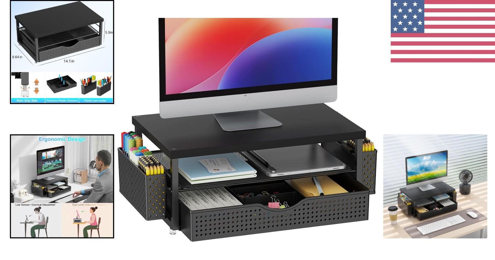 Industrial Style Monitor Stand Riser with Drawer – Ergonomic Design for Comfort