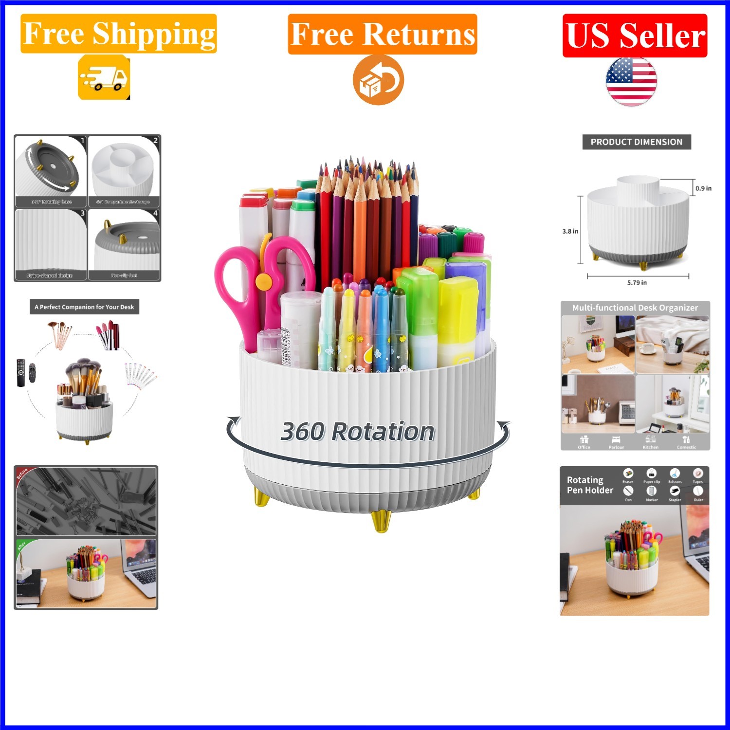 White Grey 360° Rotating Desk Organizer with 5 Compartments for Office & Home