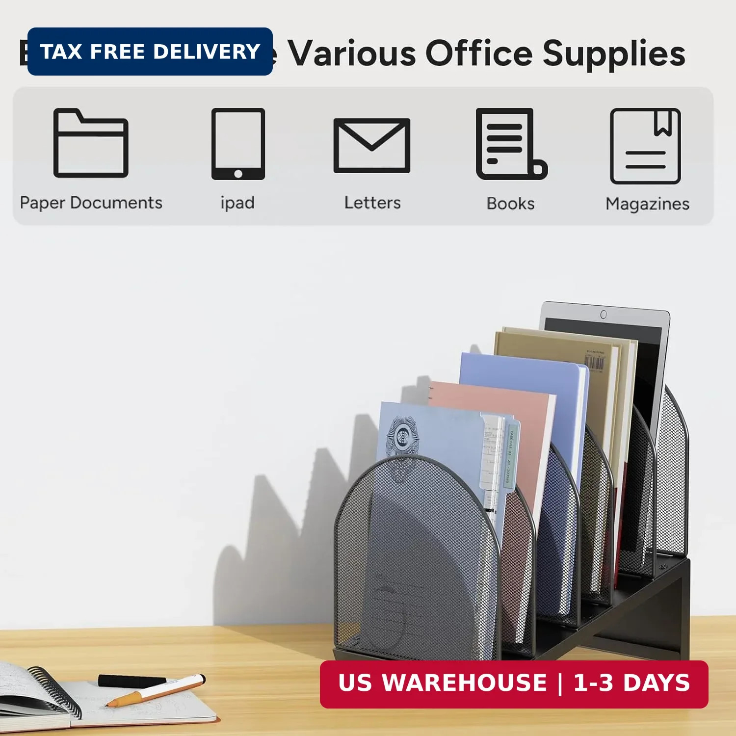 5-Section Desk File Organizer Metal Mesh Folder Organizer, Black | Desk Organize