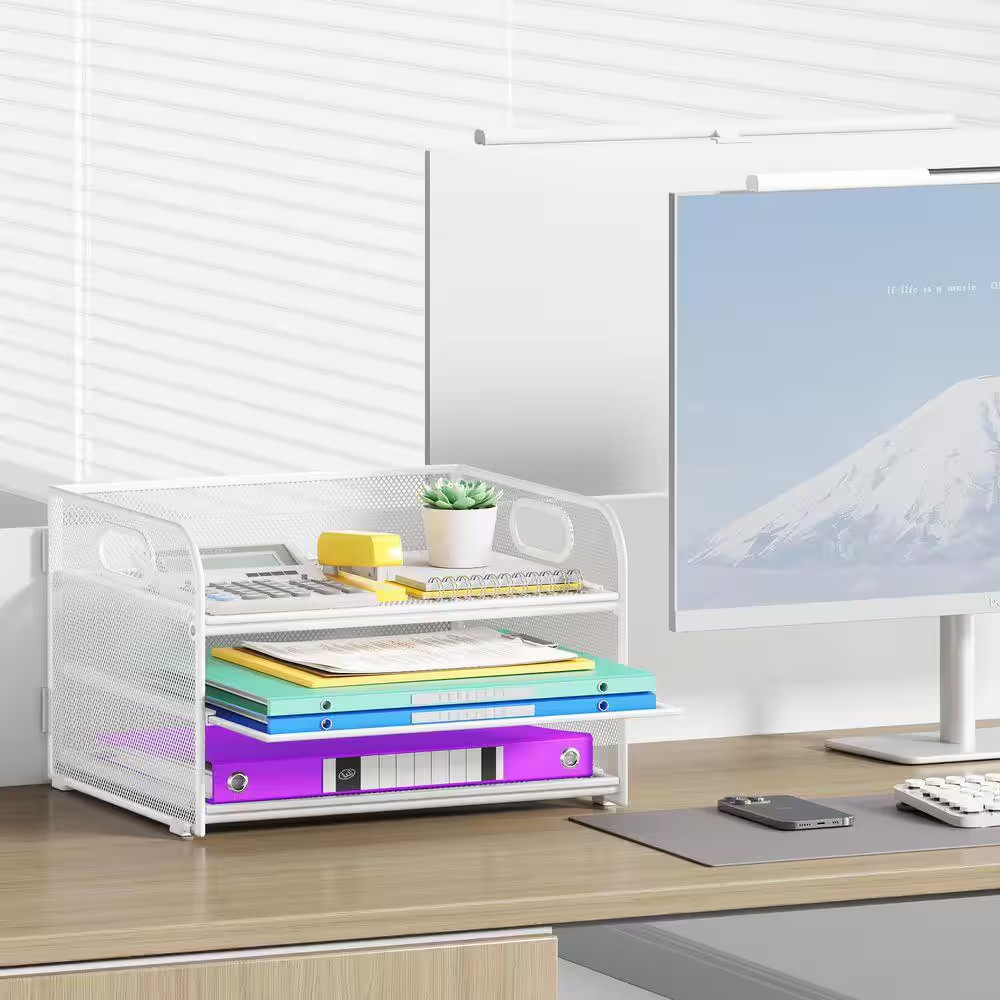 7.5 In. X 12.6 In. 3 Tier Paper Organizer with Handle, Metal Mesh Desk Organizer