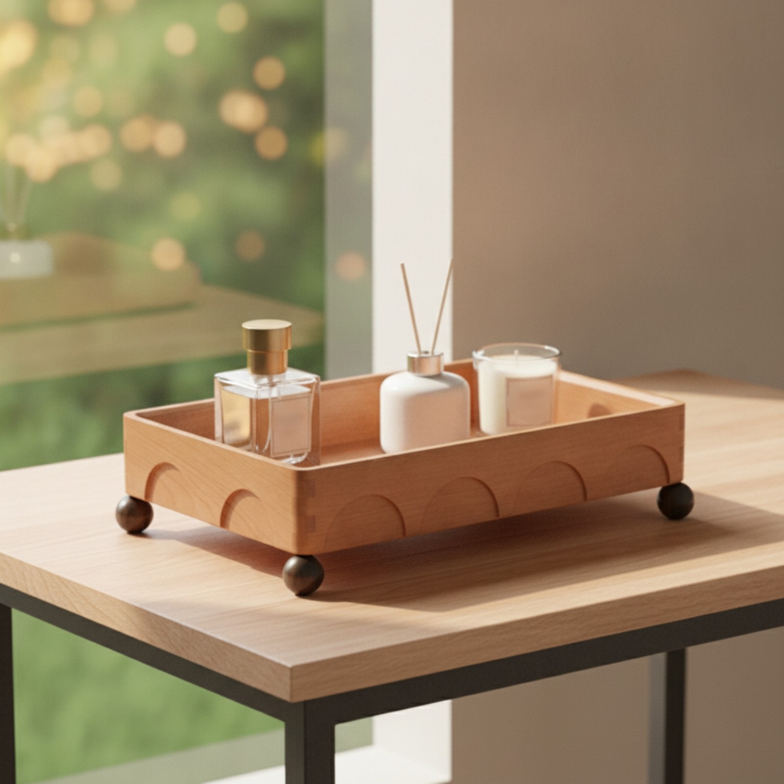 Wooden Tray with Feet Rectangular Wood Storage Tray Elevated for Coffee Table